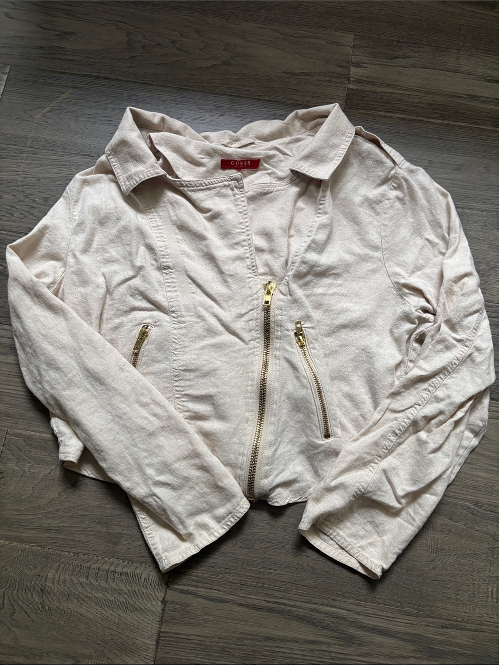 GUESS | Cream Moto-Style Linen Blend Zip Jacket with Gold Hardware Size XL